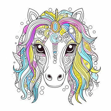 Partially colored front face of horse, decorated in mandala style, for kids