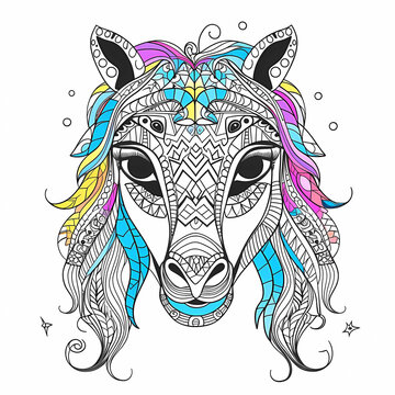 Partially colored front face of horse, decorated in mandala style, for kids