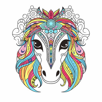 Partially colored front face of horse, decorated in mandala style, for kids