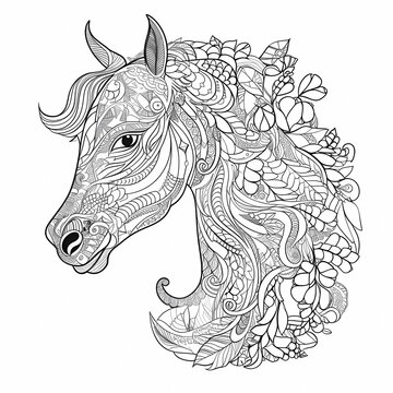 Horse head profile decorated with flowers and doodles