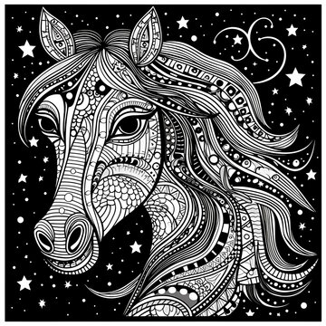 Face horse decorated with patterns and black background with stars