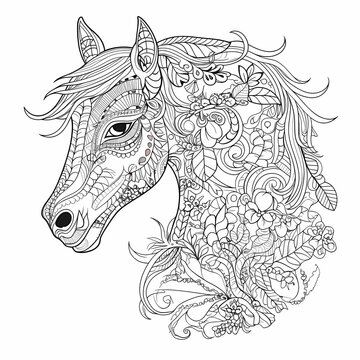 Horse head profile decorated with flowers and doodles