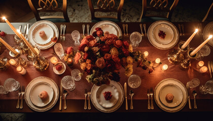 A luxurious winter banquet illuminated by candlelight, a still life arrangement generated by AI