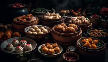 Fototapeta na wymiar Steamed pork dumplings, a traditional Chinese appetizer, served on wood generated by AI