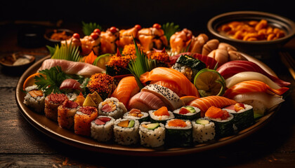 Fototapeta na wymiar Fresh seafood meal on wooden plate sushi, sashimi, prawn, avocado generated by AI