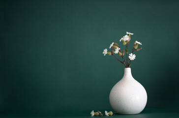 white wild flowers in modern vase on green background