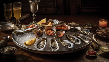 A gourmet seafood appetizer plate with oysters, mussels, and wine generated by AI