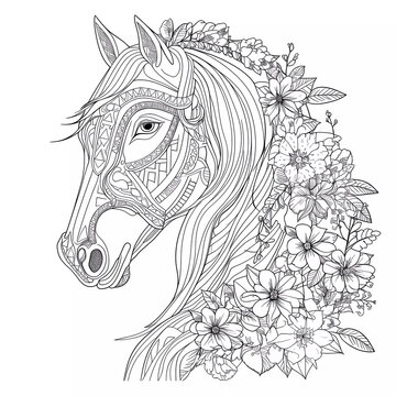 Side profile of a horse's face decorated with flowers and patterns