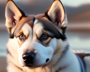 Beach Bliss, Captivating Cute Puppy Basking in Coastal Serenity - High-Quality Photo Of an Adorable Husky Generative Ai