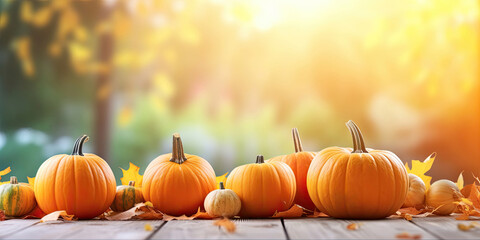 Naklejka na ściany i meble Ripe pumpkins on the table, autumn background, Generative AI