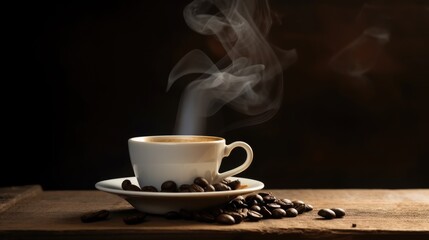 Cup of coffee with smoke and coffee beans on old wooden background. Generative AI