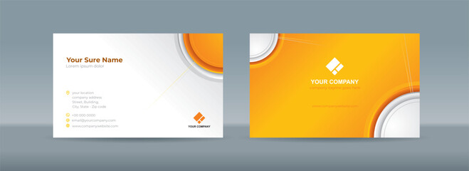 Set of double-sided business card templates with an illustration of a small orange circle in the corner on an orange and white background
