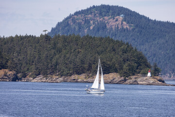 Sailboat in Canadian Landscape by the ocean and mountains.