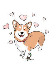 corgi surrounded by pink hearts