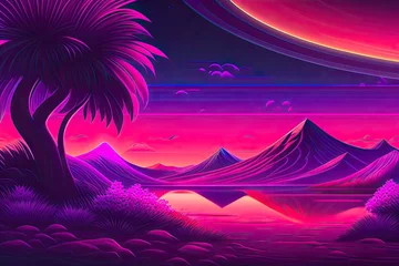 Gordijnen New Retrowave Purple Neon Background Design Art Generative AI © Postmodern Studio