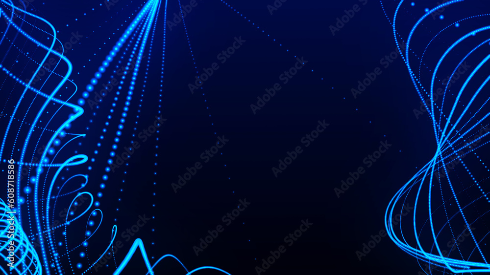 Poster dynamic wave of glowing particles. data flow information. concept of digital communication. technolo