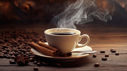Cup of coffee with smoke and coffee beans on old wooden background. Generative AI