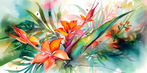 watercolor painting of a tropical bouquet featuring palm leaves and exotic flowers. Generative AI