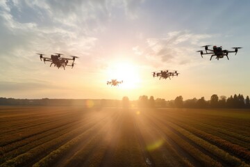 Naklejka na ściany i meble Drones spray fertilizer on the field at sunset. Generative AI