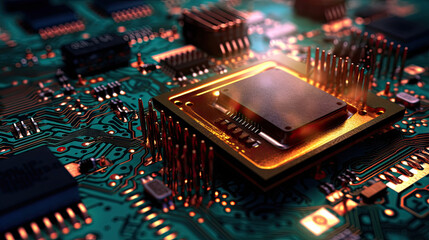 3D Gold and black Processor CPU on a circuit board