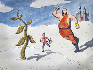 Jack runs back to the beanstalk with his stolen goods, as the giant pursues him.  From the classic children's tale.