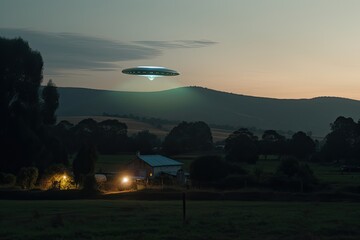 Obraz premium World UFO day. Rural area at twilight, with a beam of light emanating from the sky. Concept of extraterrestrial contact and UFO encounters. Generative AI.