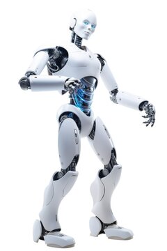 Humanoid robot stands against a stark white background Generative AI