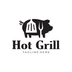 Barbecue Vintage hot grill, with crossed flames and spatula. Logo for restaurant, badge, cafe and bar.vector