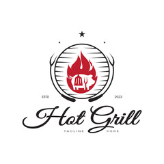 Barbecue Vintage hot grill, with crossed flames and spatula. Logo for restaurant, badge, cafe and bar.vector