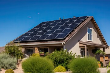 Fototapeta premium House with solar panels. Eco-friendly. Renewable energy. Generative AI.