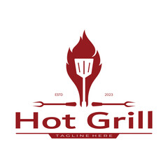Barbecue Vintage hot grill, with crossed flames and spatula. Logo for restaurant, badge, cafe and bar.vector