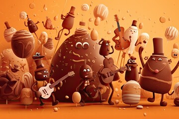 World Chocolate Day. A playful illustration of a group of adorable chocolate characters engaged in different activities, playing instruments, dancing, having fun. Generative AI.