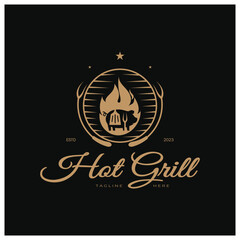 Fototapeta premium Barbecue Vintage hot grill, with crossed flames and spatula. Logo for restaurant, badge, cafe and bar.vector