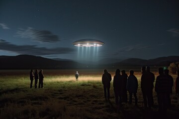 World UFO day. A group of people gathered in an open field, gazing at the night sky while witnessing a UFO sighting. Communal experience and excitement of encountering a UFO. Generative AI.