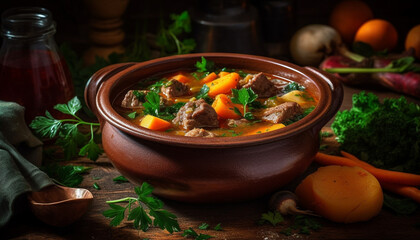 A rustic beef stew cooked with organic vegetables and herbs generated by AI