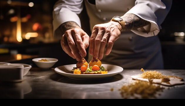 One expert chef prepares a gourmet meal with fresh ingredients generated by AI
