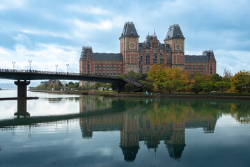 Beautiful Landscape of the entrance of Huis Ten Bosch reflect in the river in Autumn season at Nagasaki, Japan