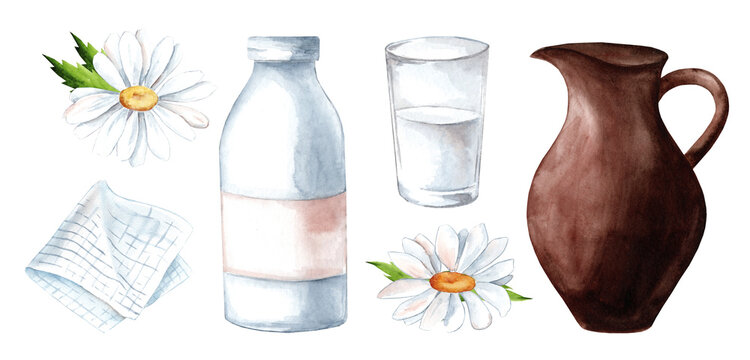 Milk jug, glass of milk, chamomile and checkered napkins. Village style. Watercolor illustration hand drawn.