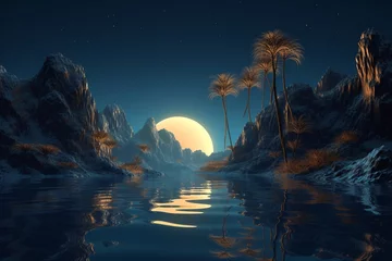 Foto op Canvas Abstract tropical island landscape. 3D modern art mural wallpaper with matte dark blue background. Dark landscape with palm trees, moon, mountains and ocean. Minimalistic style. Generative AI © Rytis