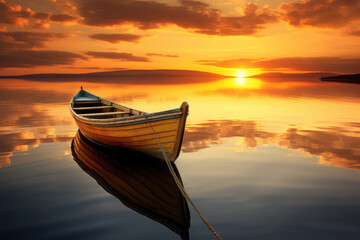 boat and amazing sunset at the sea on background