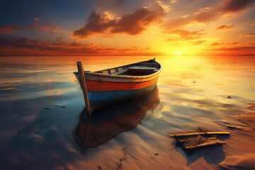 Fototapeta na wymiar boat and amazing sunset at the sea on background