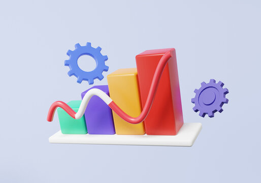 3D graph analytics grow with gears optimization stock market to investment business website development concept. statistics finance chart growth strategy target planning. symbol element. illustration