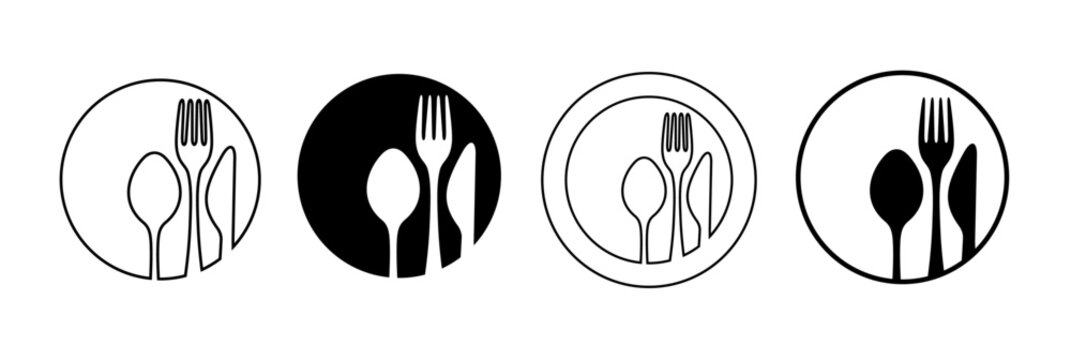 Sign with fork, knife, spoon and plate. Silhouette of cutlery. Set of fork, knife, spoon. Logotype menu. Set in flat style. Vector stock.