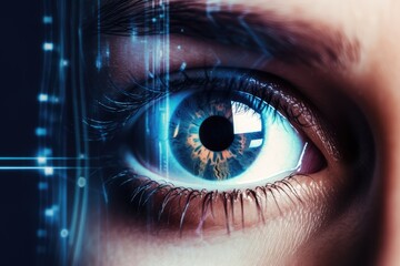 Person's eye fills the frame, computer-generated overlay. Generative AI