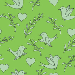 Vector seamless pattern: bird, leaves, and flower, isolated on the background. Hand-drawn vector illustration
