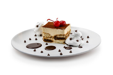 Tiramisu Dessert on a white plate with cherries