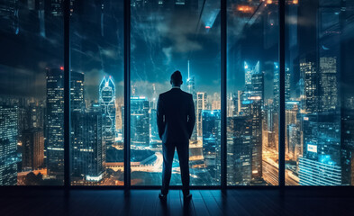 Fototapeta na wymiar With the city lights as his backdrop, a businessman takes a moment to admire the urban landscape, finding inspiration and motivation in the dynamic atmosphere of the night. generative AI.