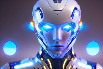 Humanoid Cyborg with Blue Glowing. White Robot Generative AI