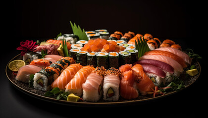 Fresh seafood meal: nigiri, sashimi, maki sushi, with ginger and wasabi generated by AI