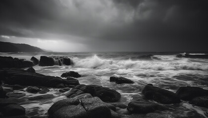 Fototapeta na wymiar Dramatic sky and breaking waves at waters edge, monochrome beauty generated by AI